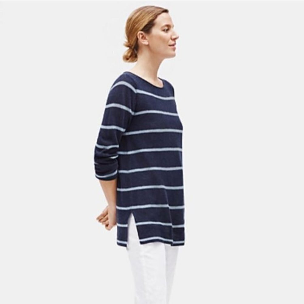 EILEEN FISHER Midnight Blue Striped Alpaca Blend Knit Sweater Size Medium